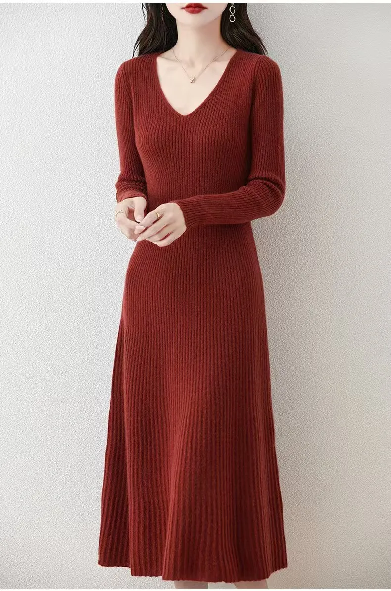 Temperament V-neck pure wool knitted dress, autumn and winter tight fitting hip hugging skirt, long cashmere sweater base skirt