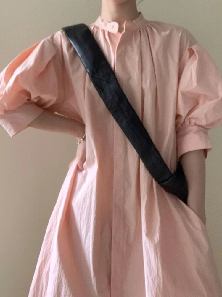 Spódnica koszulowa z krótkim rękawem dla kobiet 2023 lato nowy luźny krój francuska minimalistyczna sukienka długa spódnica