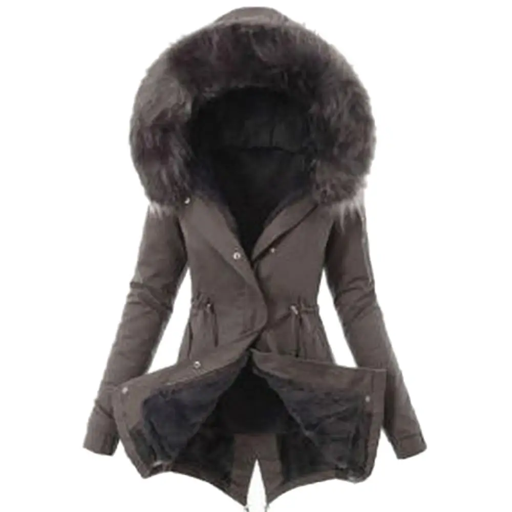 Women Hooded Coat Faux Fur Collar Drawstring Cotton Jacket For Women Cotton Down Jacket Casual Outwear Long Overcoat Winter Coat