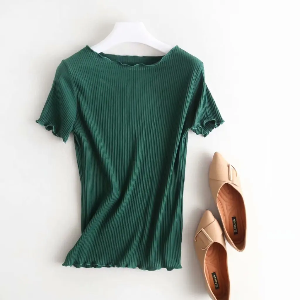 

Solid Color T-Shirt Wooden Ear Bottoming Sweater for Women Fashionable Casual Top in Various Sizes