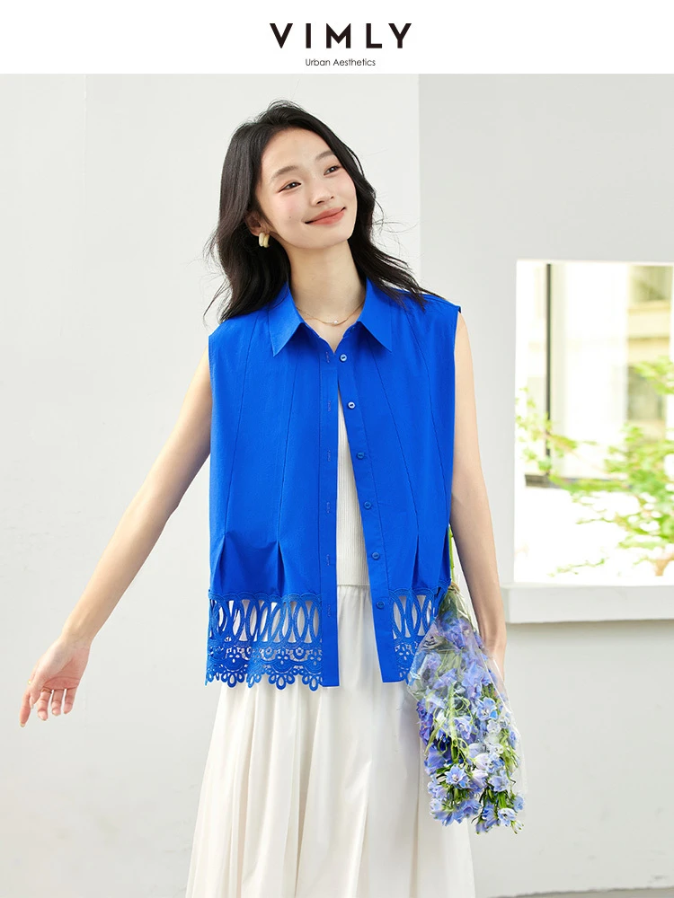 

VIMLY Hollow Out Sleeveless Shirt Women's Summer Causal 2025 100% Cotton Blouses Turn-down Collar Button Up Ladies Tops A1812