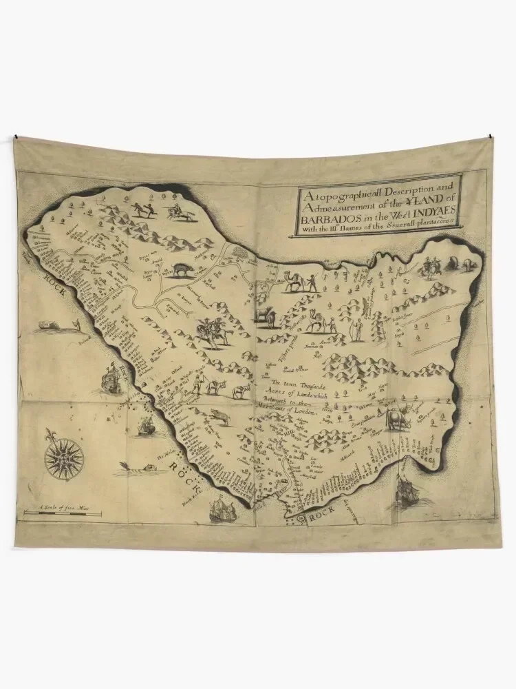 Vintage Barbados Pictorial Map (1657) Tapestry Decoration Home Room Decor Aesthetic Wall Decor Home Decoration Tapestry