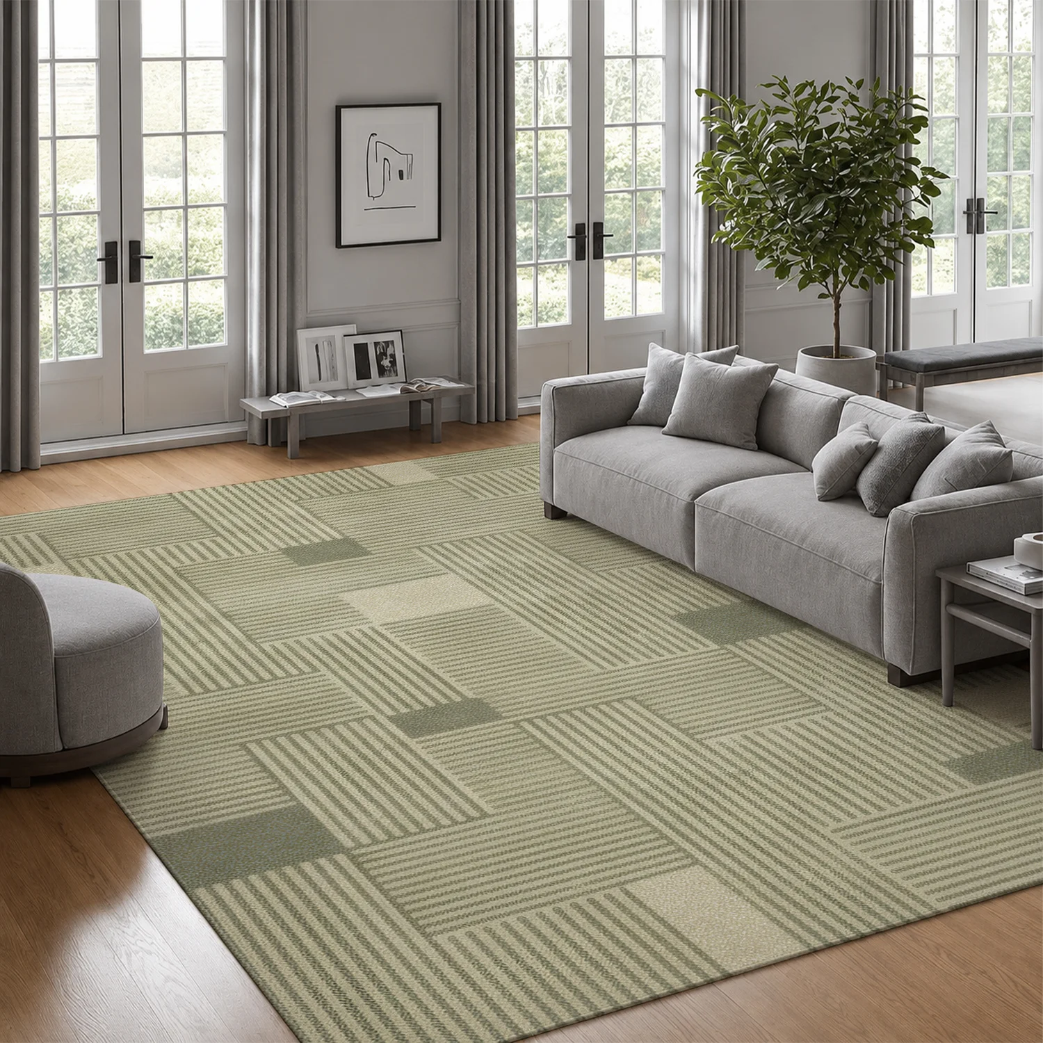 Large Indoor Area Rug, Soft Velvet Low Pile with Non-Slip Dotted Backing, Machine Washable Modern Geometric Linear Pattern Rug for Living Room Bedroom, Neutral Sage Beige Striped Floor Decor for Home
