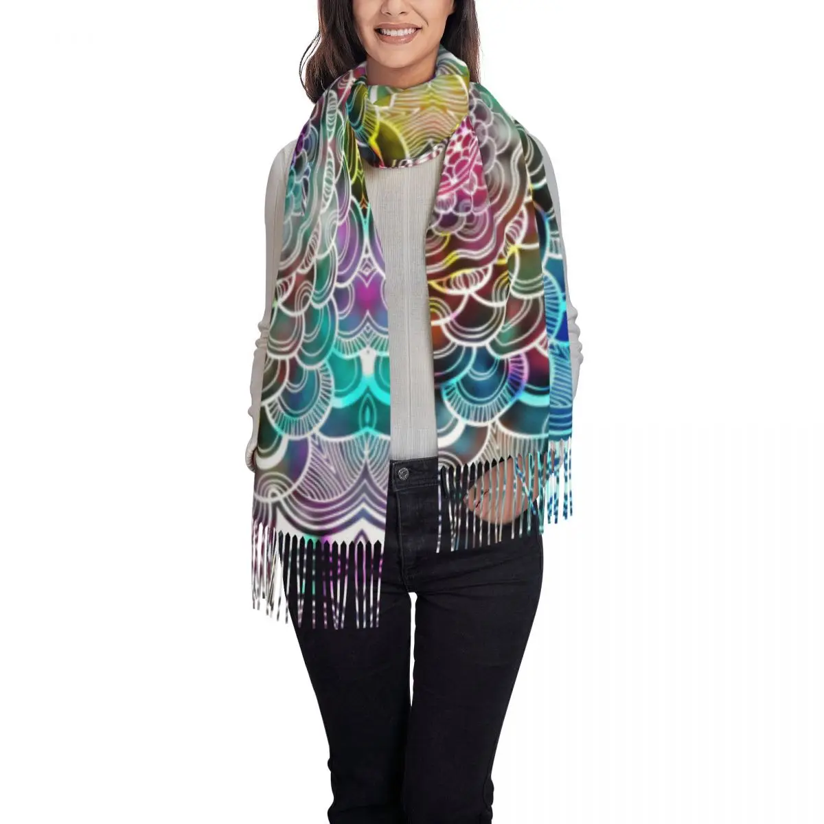 Custom Abstract Mandala Graphic Design And Watercolor Digital Art Tassel Scarf Women Winter Warm Shawls Wraps Female Scarves