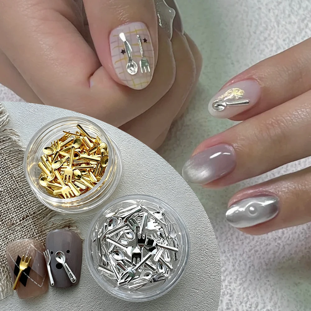 50Pcs Jar 3D Mini Spoon Fork Nail Charms, Gold Silver Aolly Tableware Nail Decors, Y2K Kawaii Korean Style Manicure Supplies DIY