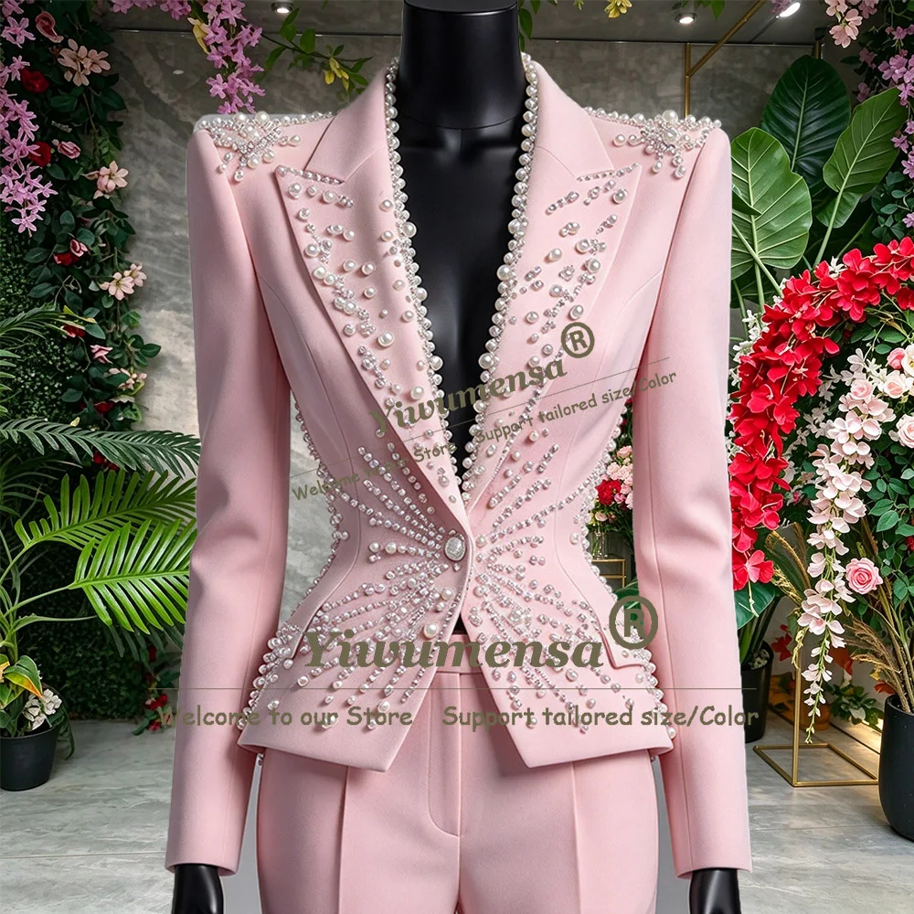 Pink Women Suit Set 2 Piece Pearls Blazer+Trousers Luxury Formal Office Lady Jacket Customized Prom Wedding Guest Mother Outfits