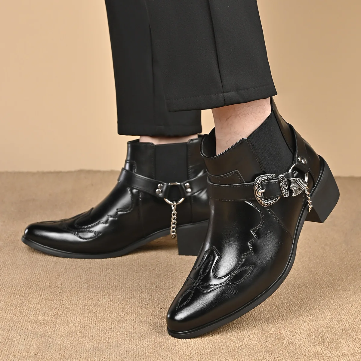 Fashion 2026 Men\'s Vintage Cowboy Boots Leather High Top Chain Buckle Strap Punk Shoes Pointed Toe Biker Ankle Boots for Men