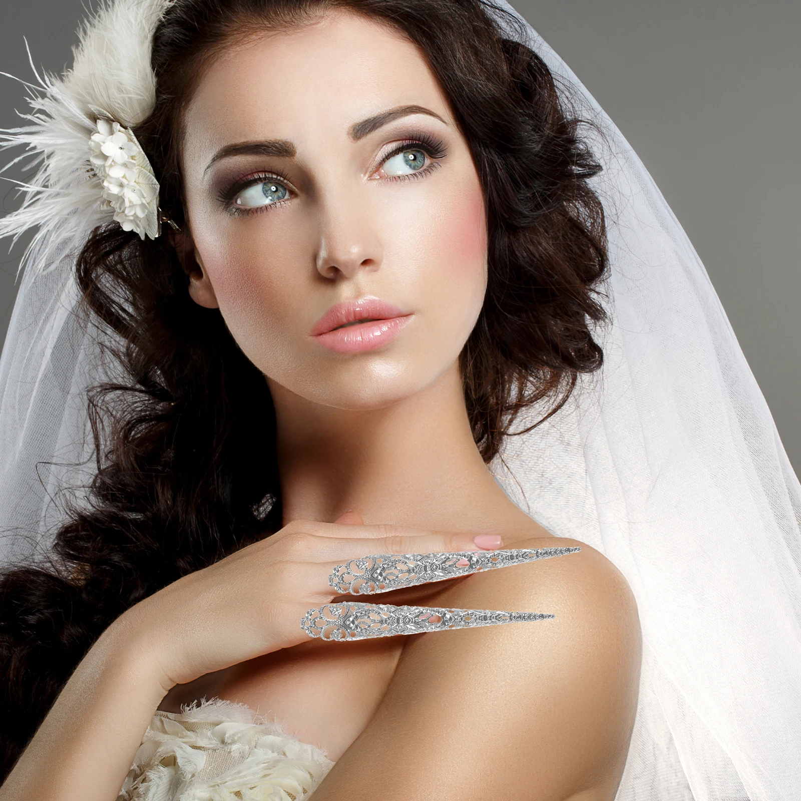 

10pcs Long Nail Fingers Claw Tips Hollow Design Costume Jewelry Nails Ring Claws Silver Material Party Accessories Finger