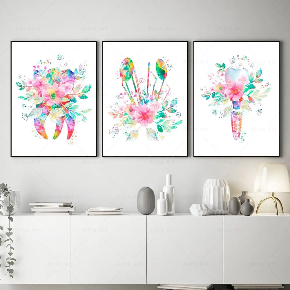 Dental Equipment Poster Teeth Anatomy Flower Watercolor Canvas Painting Dentist Gift Picture Medical Clinic Kids Room Wall Decor