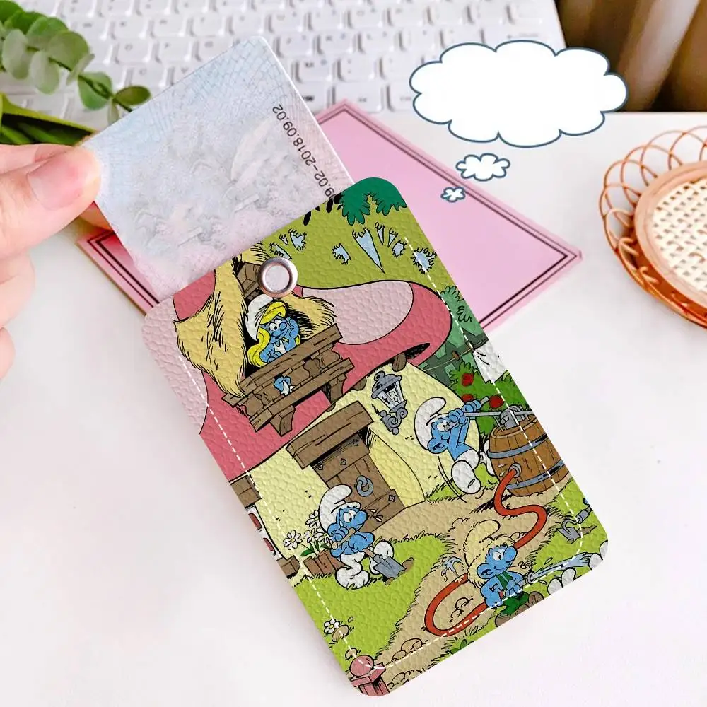 Cartoon S-Smurfs Rectangle ID Card Case Keychain Access Card Bag Key Tag Ring Leather Card Holder Key Ring Access
