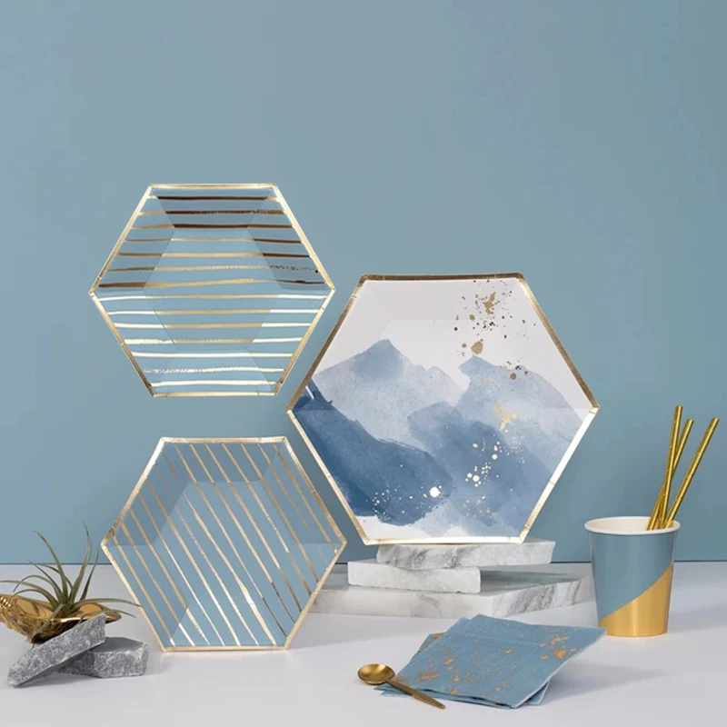 أدوات مائدة زرقاء بألوان مائية للاستعمال مرة واحدة ، رقائق ذهبية ، أطباق ورقية مخططة ، أكواب ، منديل ، عيد ميلاد ، لوازم حفلات الزفاف ، ديكور الذكرى السنوية