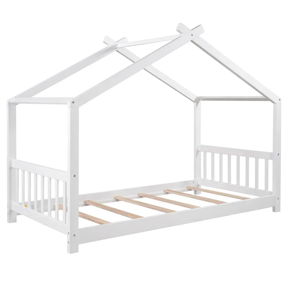 Letti per bambini bianchi, letto per bambini a basso profilo, letto a doppia piattaforma a forma di casa in legno per bambini, senza bisogno di molle