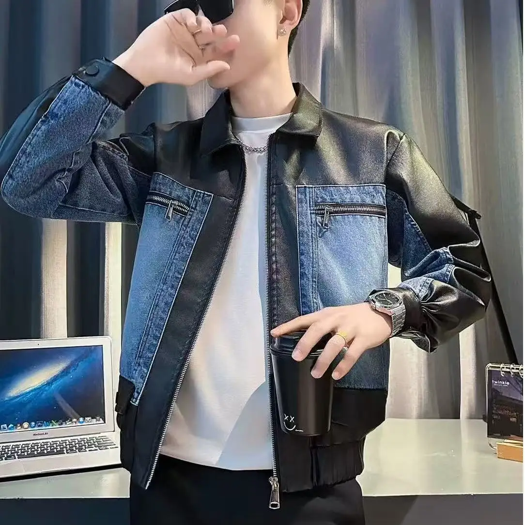 

Men's Leather Jacket Denim Patchwork Splicing Short Coat Korean Streetwear Harajuku Casual Retro Loose Fit High-End Niche