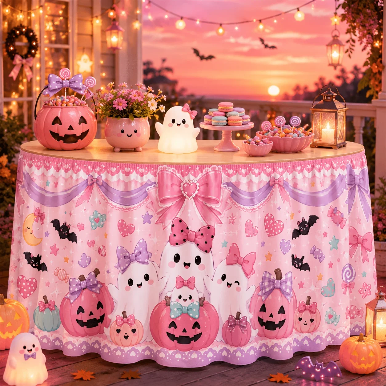 One tablecloth or table skirt. Light pink Halloween pastel pumpkin print decoration. Suitable for Halloween parties.xzj