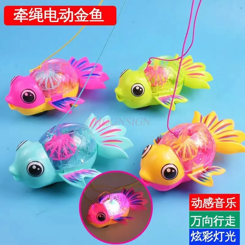 Rope pulling electric goldfish, music and lighting, universal walking, children's toy, rainbow fish