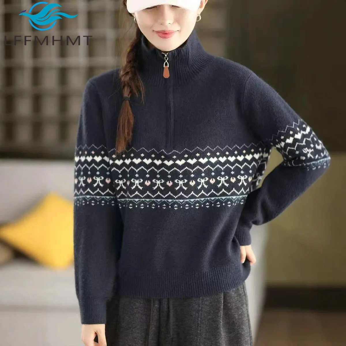 

Осень-зима, утепленный мягкий свитер, тяжелый работа, жаккардовый вязаный теплый топ для женщин, высококачественный мягкий нежный пуловер из 50% шерсти