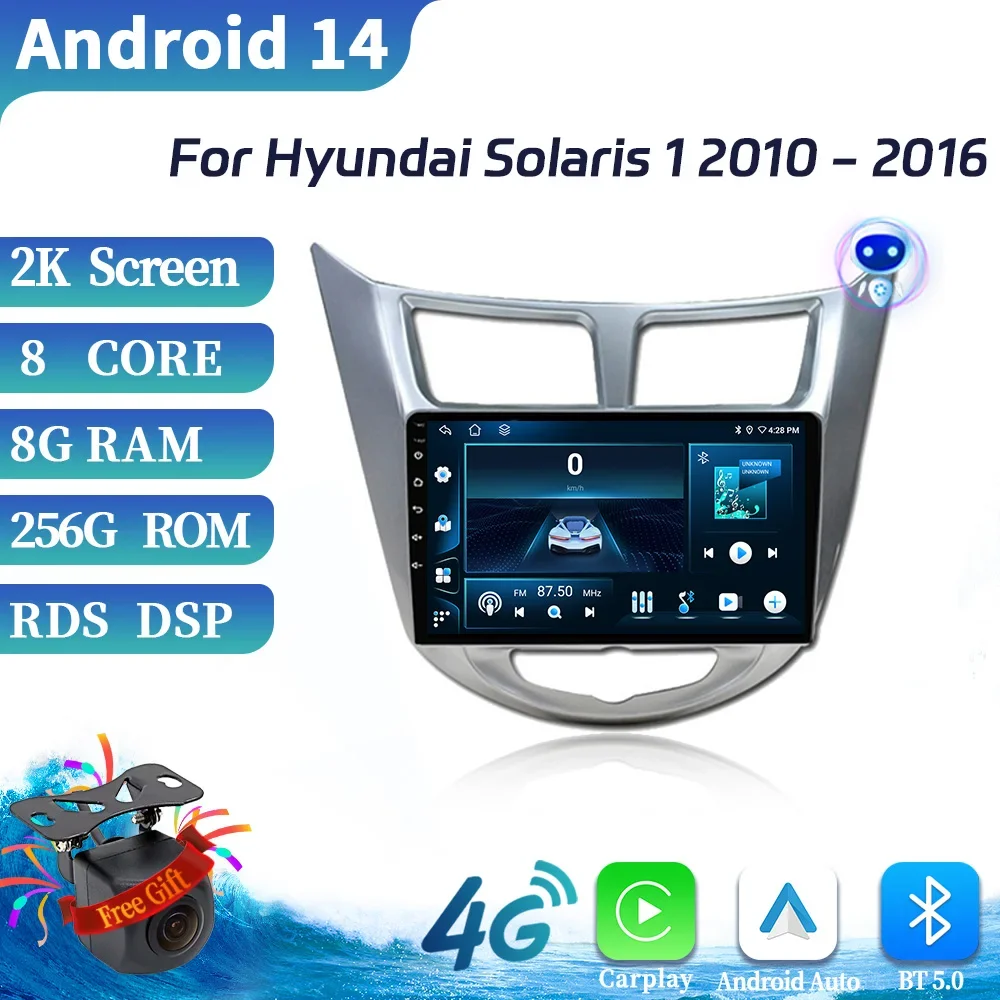 For Hyundai Solaris 1 2010-2016 Car Radio Multimedia Android 14 Navigation Touch Screen GPS Bluetooth Wireless CarPlay Stereo