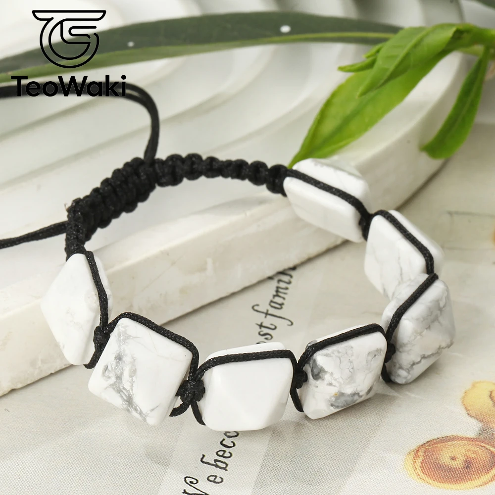 TeoWaki Natural White Turquoises Pyramid Beads Braided Bracelet Adjustable Geometric Square Stone Bracelet Fashion Jewelry14+8cm