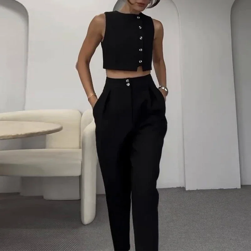 

Женский комплект жилета без рукавов весна-лето 2025 года, элегантный однобортный укороченный топ, девятые брюки, повседневный однотонный офисный костюм из 2 предметов