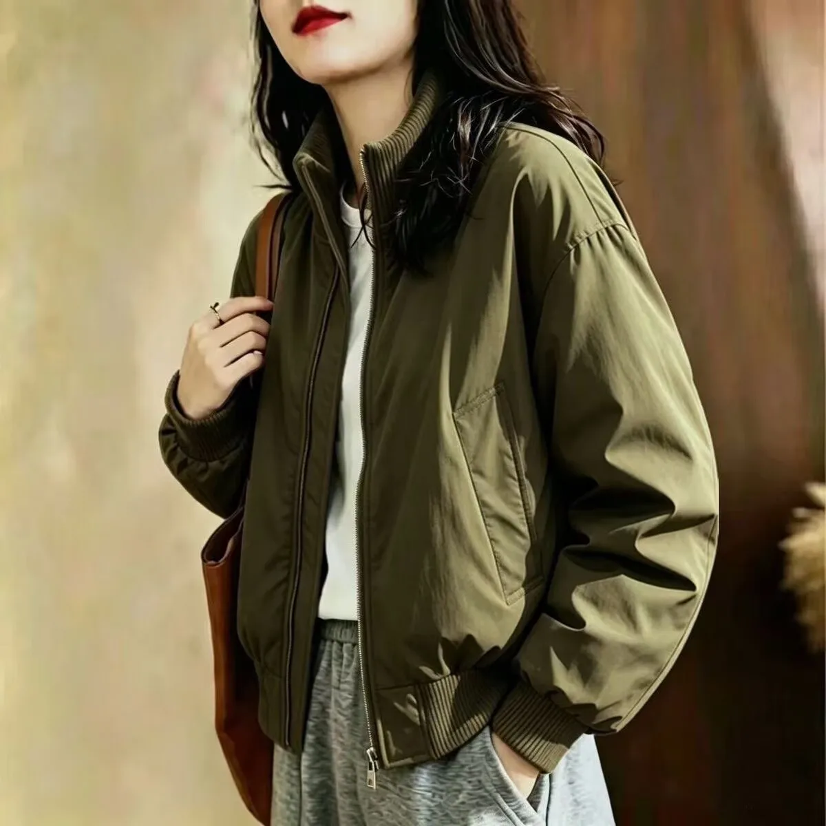 Fashion Bomber Baseball Jacket Casual Stand-up Collar Outerwear Women Spring  Autumn Loose Windproof Zipper  Flight Basic Coat