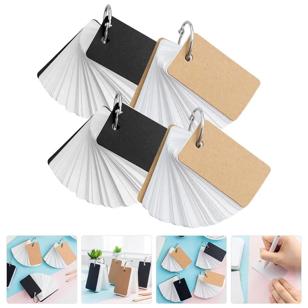 

4 Pcs Black Cover Word Books Brown Paper Ring Notebook Memory Cards Blank Flashcards Students Portable Notepads Writing Diary