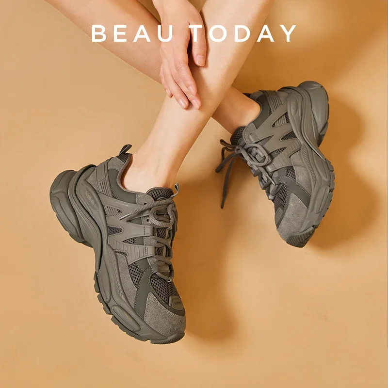 

BeauToday Platform Sneakers Women Mesh Solid Color Breathable Trainers Lace-up Round Toe Thick Sole Ladies Shoes Handmade 29462