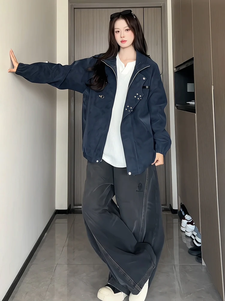 

Мужская модная куртка из американской окрашенной кожи в бейсбольном стиле, весенне-осенняя, на молнии, цвета авиационного синего.