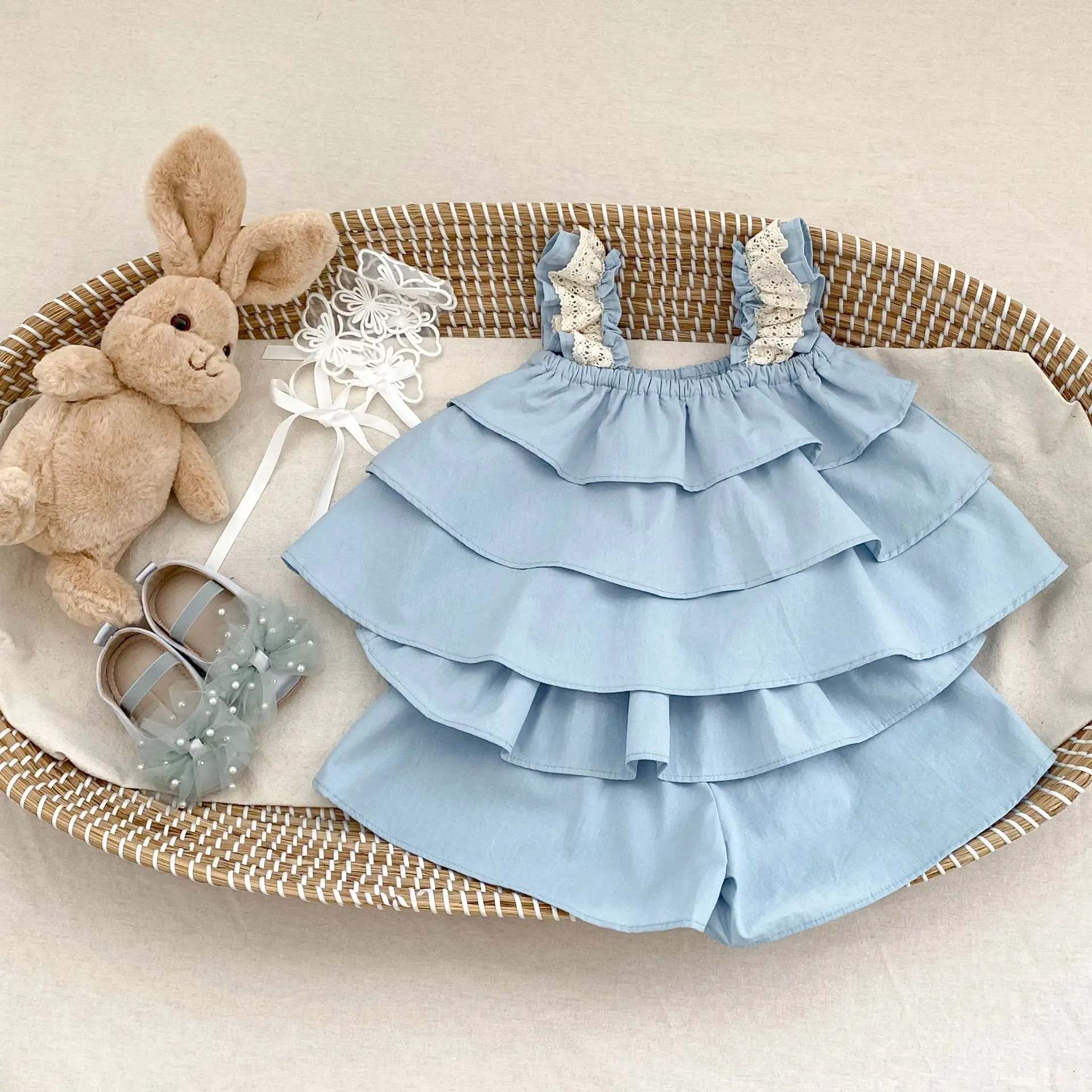 Completo estivo per bambina blu, abbigliamento per neonati, abbigliamento casual a strati per bambini, canotta e pantaloni con fionda, set da due pezzi