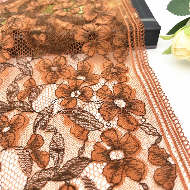 3y/lot Width 23cm Floral Caramel Brown With Dark Olive Thread Elastic Stretch Lace Trim Lingerie Sewing Craft DIY Underwear