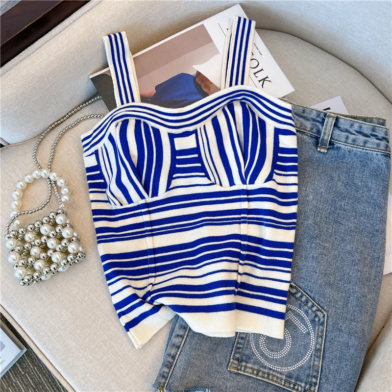 Striped Sleeveless Suspender Women\'s Knitted Vest Slim Korean Summer 2023 New Sexy Girl Sweetheart Top Casual Holiday Clothing