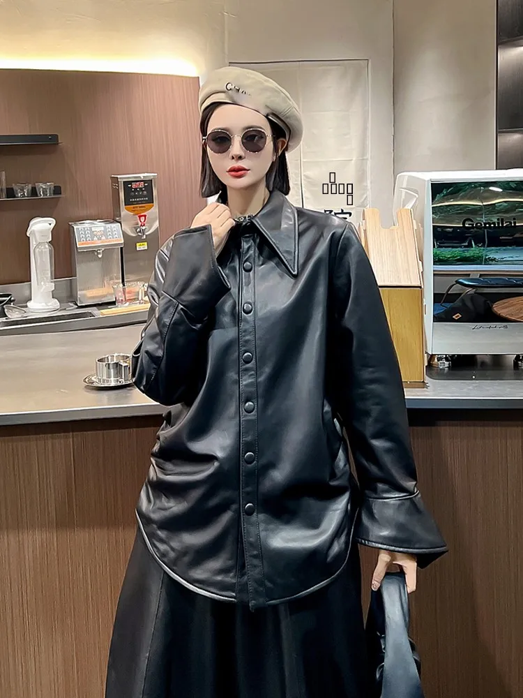 Casaco Casual Feminino de Couro Genuíno Versátil, Jaqueta de Couro de Pele de Carneiro, Tendência de Outono e Inverno