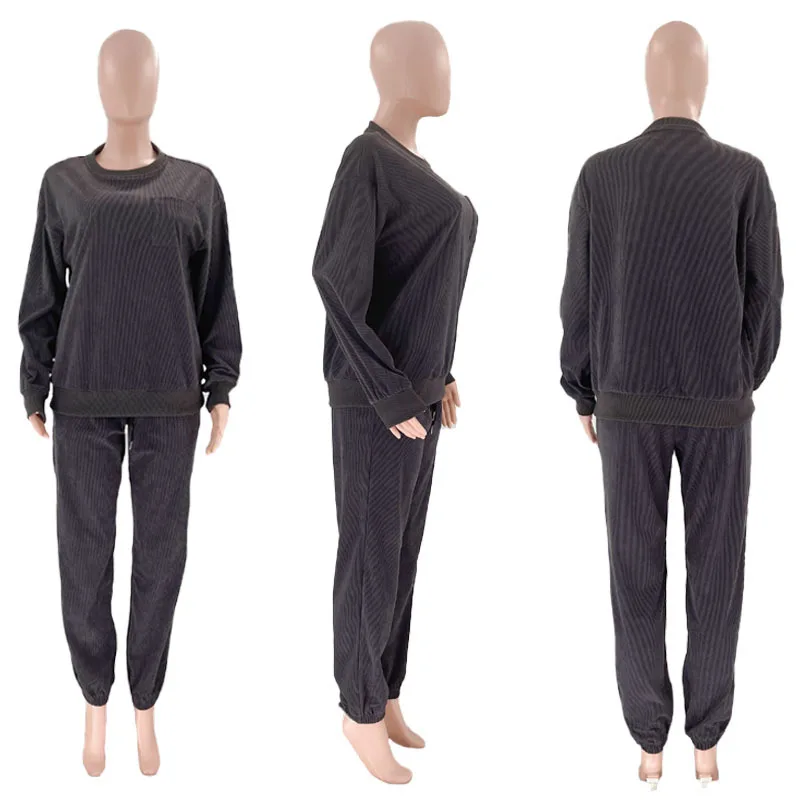 Autumn and Winter New Solid Round Neck Pullover Long Sleeve Two Piece Fashion Pants Set Women Female Casual Sports Trousers Sets