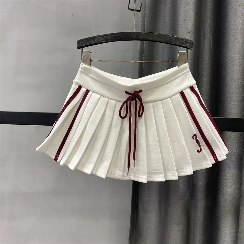

Корейская летняя новинка 2025, плиссированная юбка в консервативном стиле с вышивкой, женская повседневная юбка трапециевидной формы в полоску со шнуровкой и эластичной резинкой на талии, женская юбка
