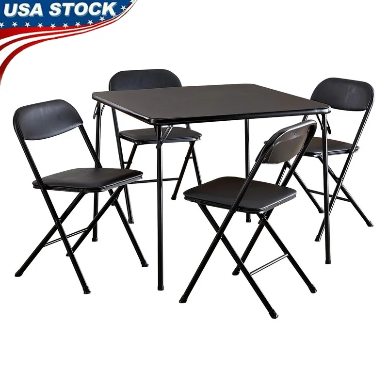 

5-Piece Folding Dining Set with Square Card Table and 4 Vinyl Padded Chairs Indoor Use Space-Saving Storage Parties Games Meals