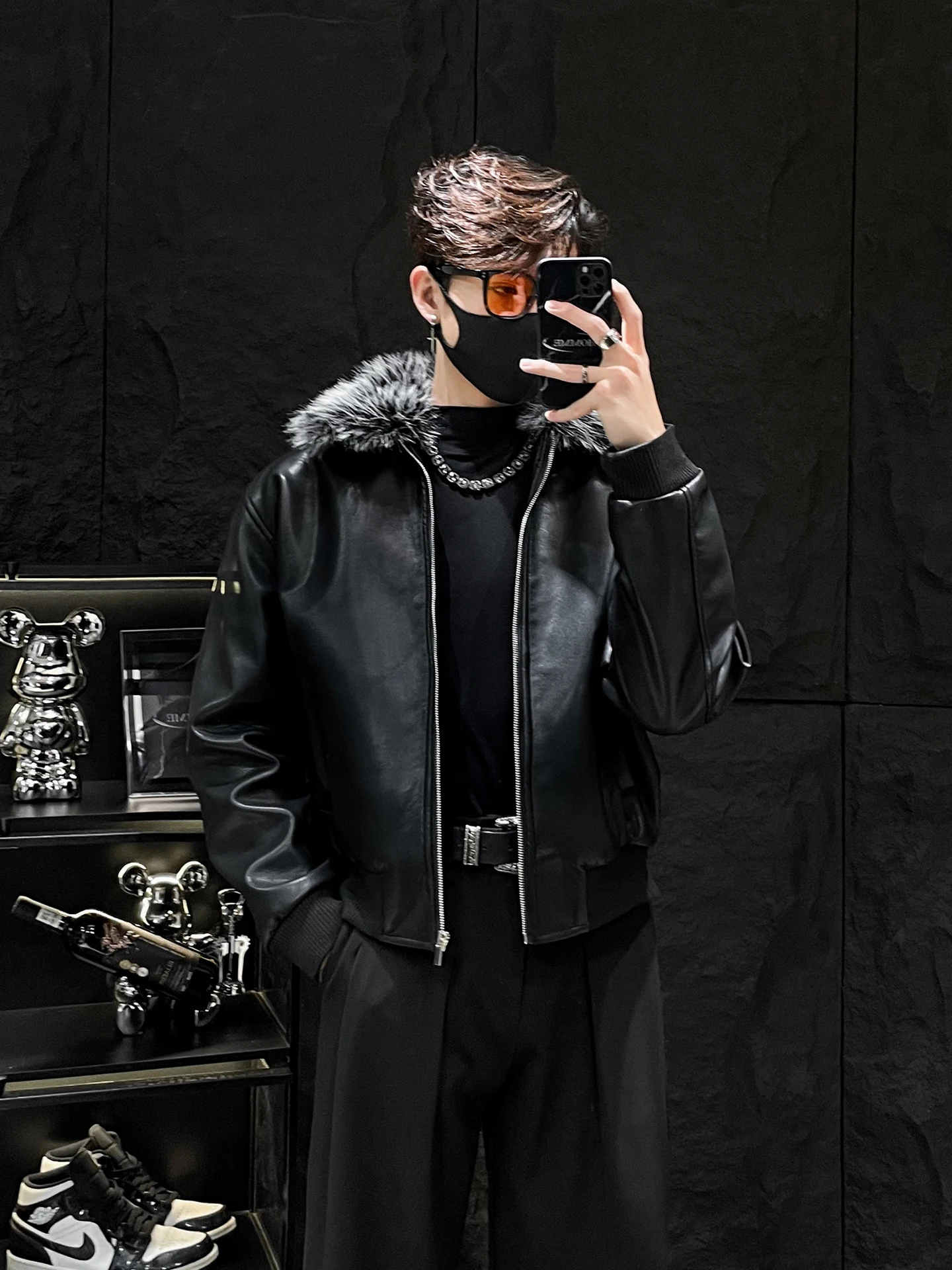 

Detachable Fur Collar Thiened Cotton Men's Leather Jaet Warm Youth Casual Sle f Gloss PU Leather ort Coat Zipper C...