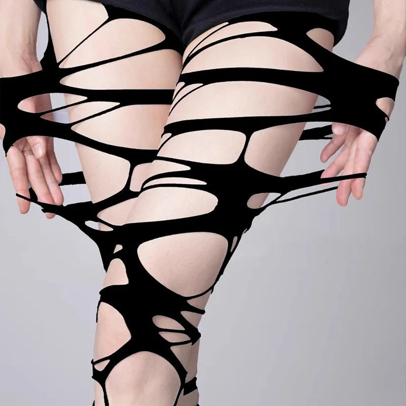 Damen Gothic Punk Netzstrumpfhose mit Löchern, sexy schwarze, zerrissene Netzstrümpfe, E-Girl Streetwear Leggings, JK Cropped Pants – Detail 2