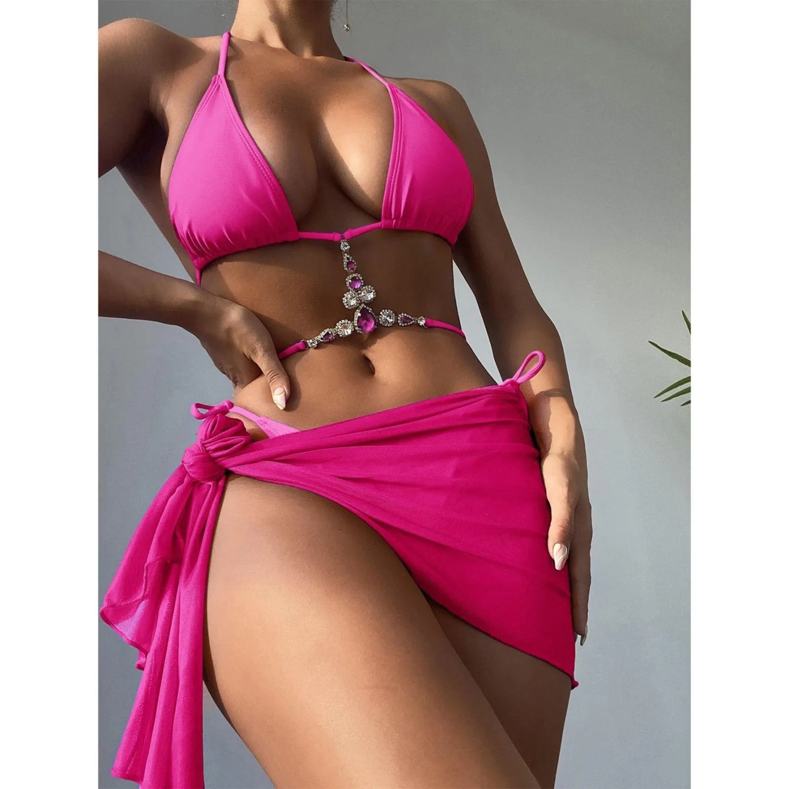 

Sexy Women Diamond Encrusted Hanging Neck Bikini Sets Three Pieces Backless Split Swimsuits Triangle Swimsuit Beachwear