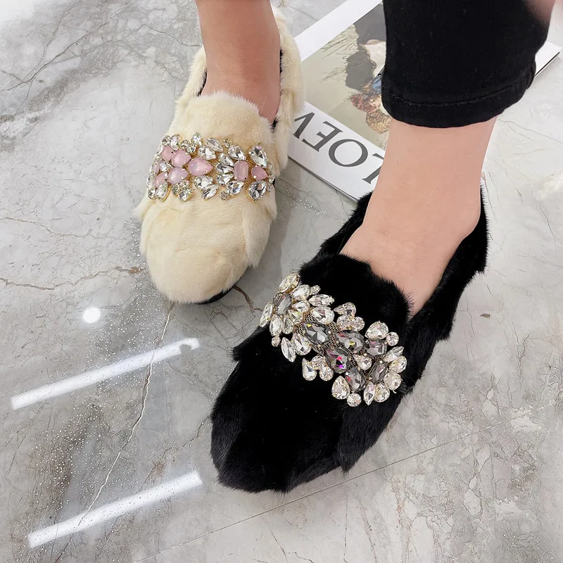 Real Mink Fur Women Loafers Casual Thick Sole Moccasins Crystal Winter Snow Shoes Woman Fur Espadrilles Flats Creepers