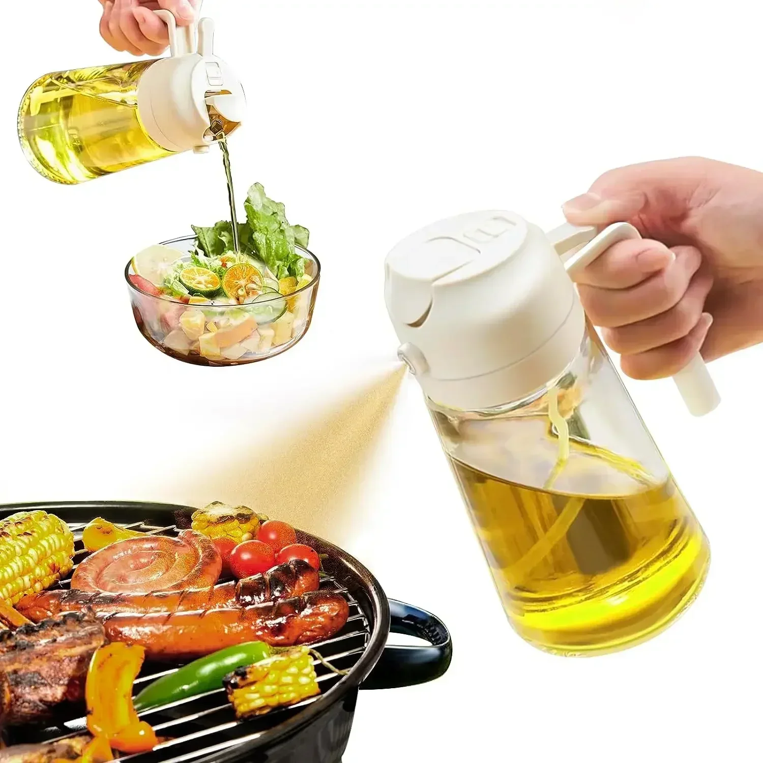 2 in 1 Glass Spray Oil Sprayer Bottle 470ml Spray Oil Dispenser Bottole Cruet BBQ Kitchen Baking Roasting Picnic Kitchen Tool