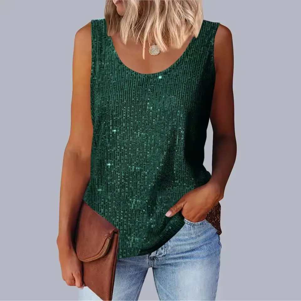 2026 Summer Fashion Sexy Elegant Camis Tank Top Glitter Sequin Round Neck Sleeveless Blouses Shirts Casual Sparkle Vest 3XL