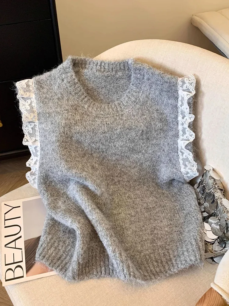 

Zoki Lace Patchwork Sweet Sweater Vest Women Vintage O Neck Casual Knitted Tops Korean Preppy Style Lady Lazy Wing Cute Vest New