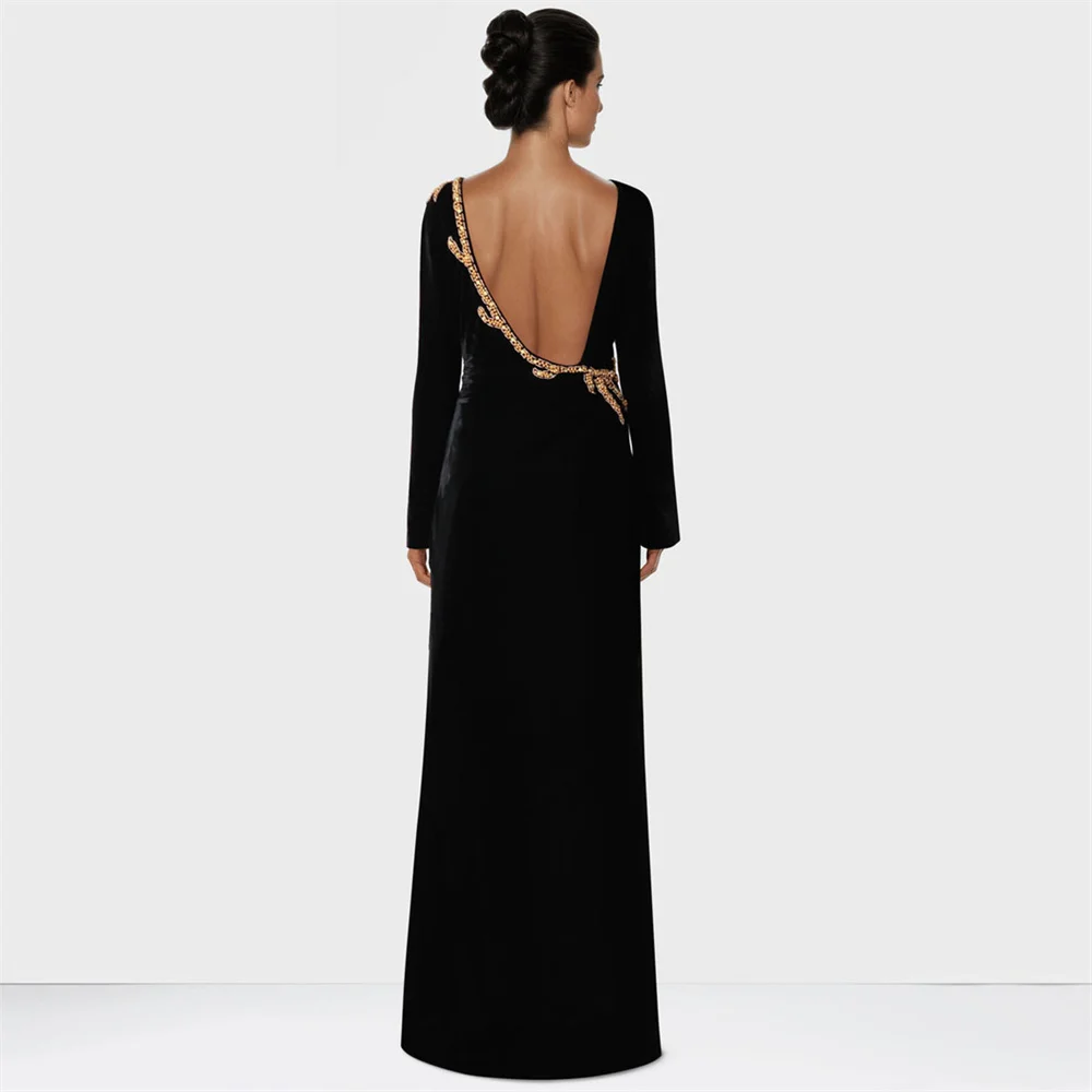 Black Elegant Womens Party Dresses O Neck Dresses on Offer Liquidation Backless Prom Dresses Sale Long Sleeves with Bead