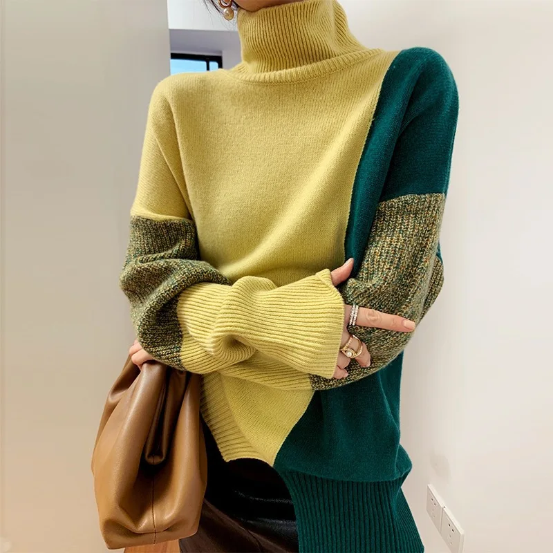 

Knitted Pullover Elegant Solid Color High Neck Sweater Women Winter Casual Loose Warm Thick Section Commuter Jumper LX100