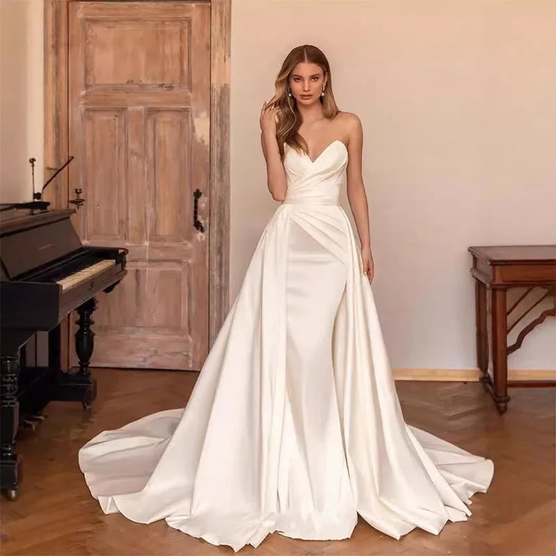 New Sexy Mermaid Wedding Dress Strapless Satin Evening dress Bridal Gown Detachable Reception Wedding Dress 2025 Free Customized
