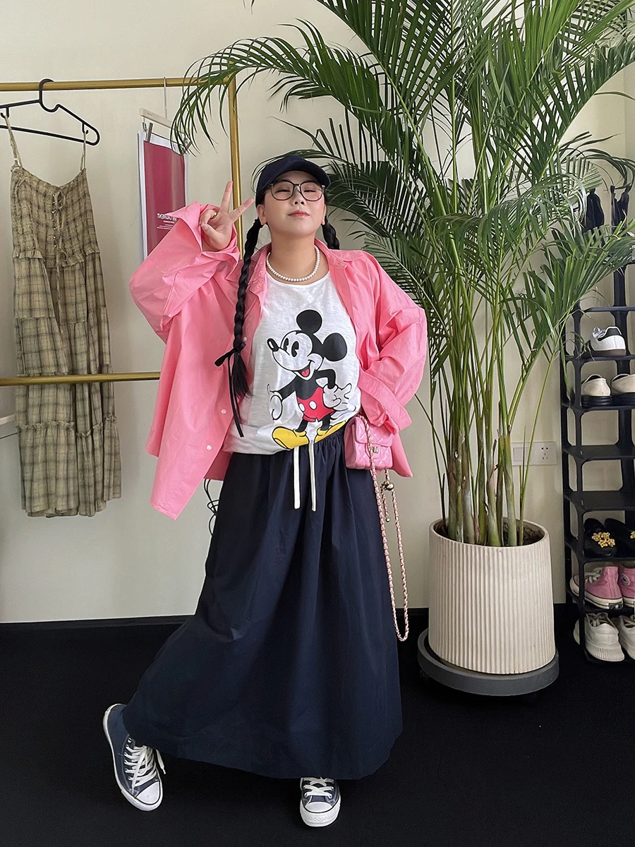 

Early Spring New Sle k Blue Elastic Waist Dstring A-Line Skirt Casual Pure Color Women's Loose Fit Cotton Skirt