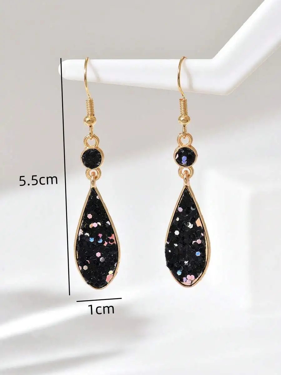 Fashion Water Drop Pendant Earrings With Glitter Black Resin For Women Daily And Party Wear