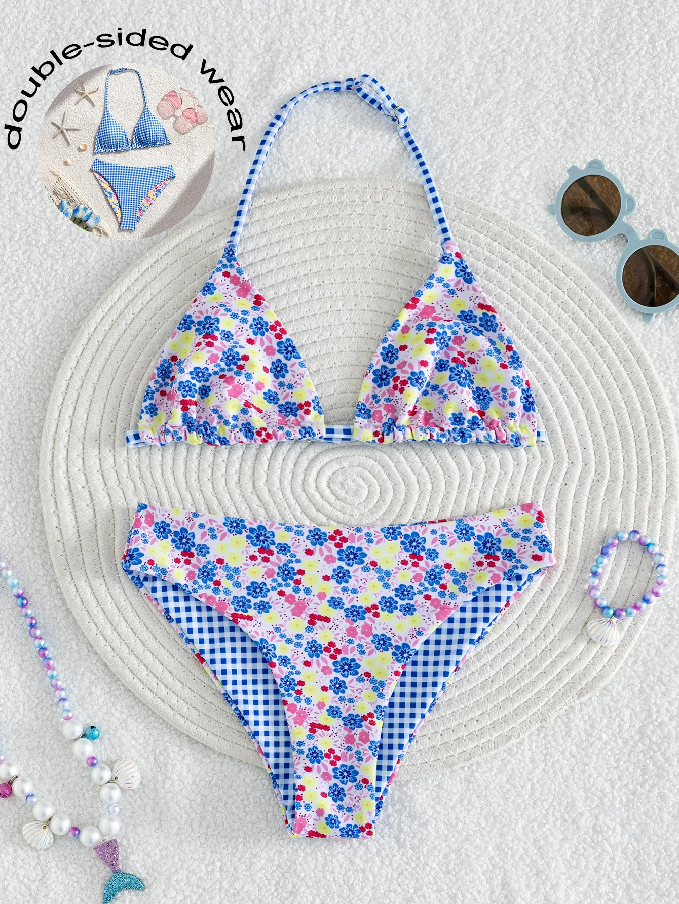 Children Sportswear Bikinis Trendy Reversible Floral & Plaid Bikini 2-Piece Set Halter Triangle Top & High Cut Bottom Swimwear