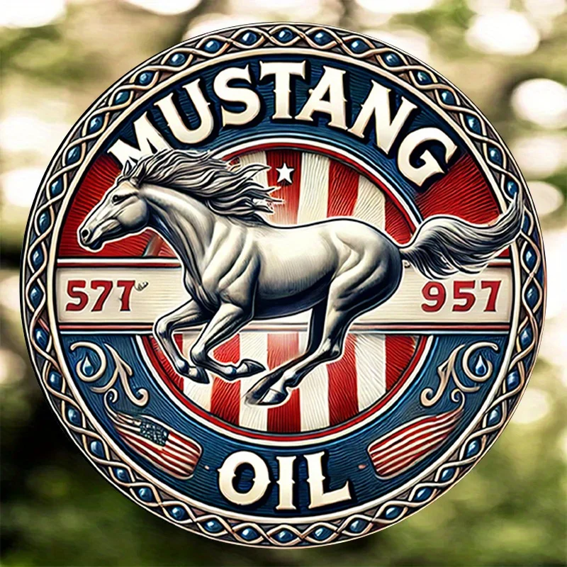 [Vintage Metallschild] Vintage 8 Zoll rundes Metallschild – „MUSTANG 577“. °   957 °   ÖL mit Running Horse-Design |   2D flache Aluminiumwand