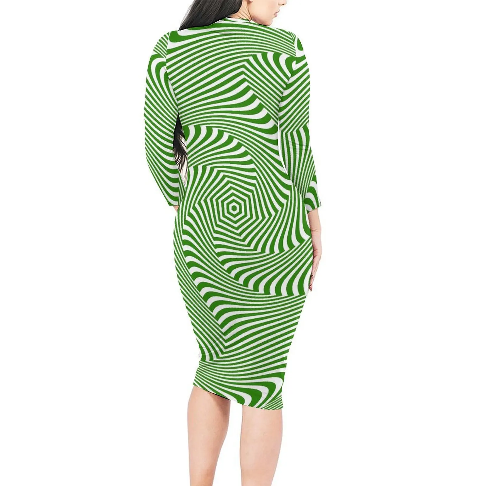 Green Curve Print Bodycon Dress Women Swirl Lines Cute Dresses Holiday Long Sleeve Aesthetic Custom Dress Big Size