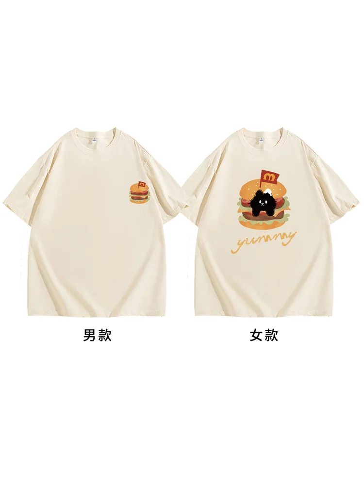 Burger Cat Couple Outfit Summer 2024 New High-quality Short-sleeved Cotton T-shirt